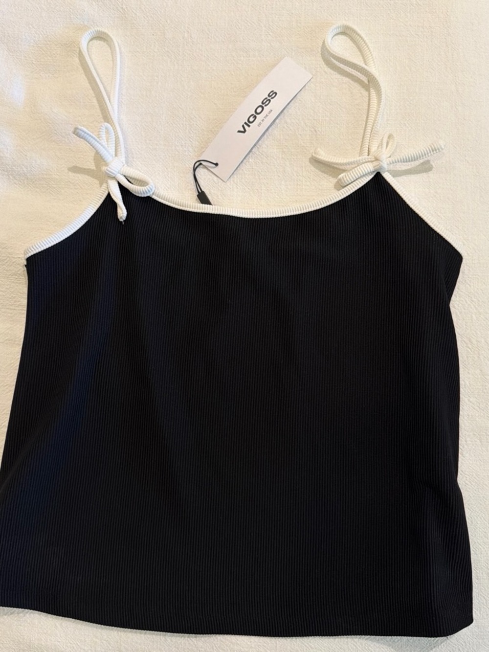 Vigoss Black Ribbed Tie-Strap Camisole with White Trim